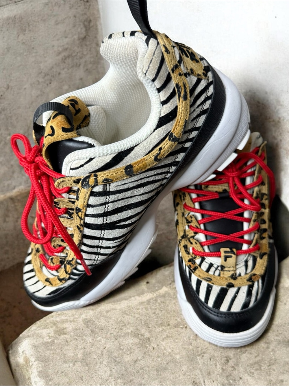 Fila White Mesh Sneakers with Black and Red Accents and Brown Leopard Tongue